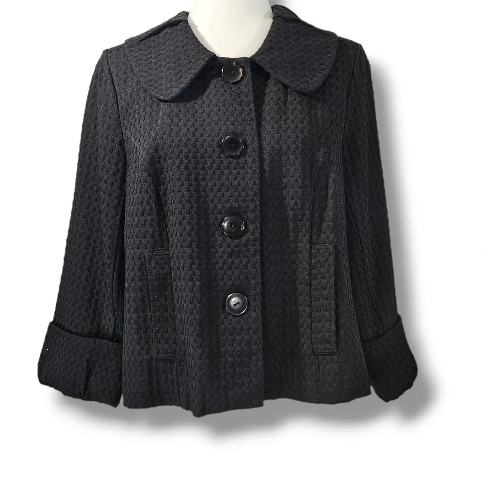 VTG EUC Du Jour Black‎ Textured Rounded Flat Collar Button-Down Jacket Size M